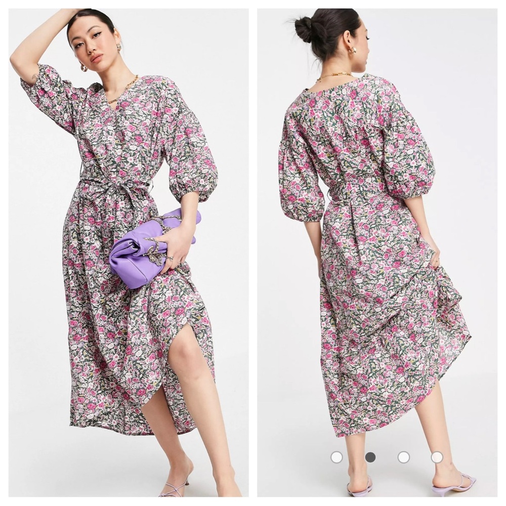 Mango Poplin Floral Tie Waist Puff Sleeve Midi Dress New Without Tags Large